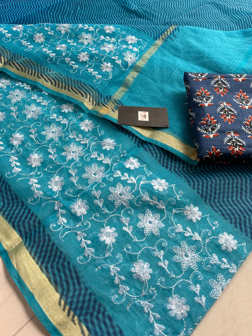 Embroidered HandBlock Printed Kota Cotton Doria Saree