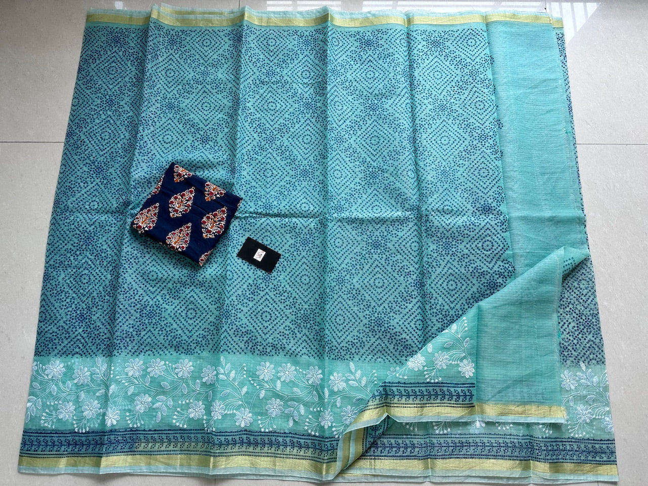 Embroidered HandBlock Printed Kota Cotton Doria Saree