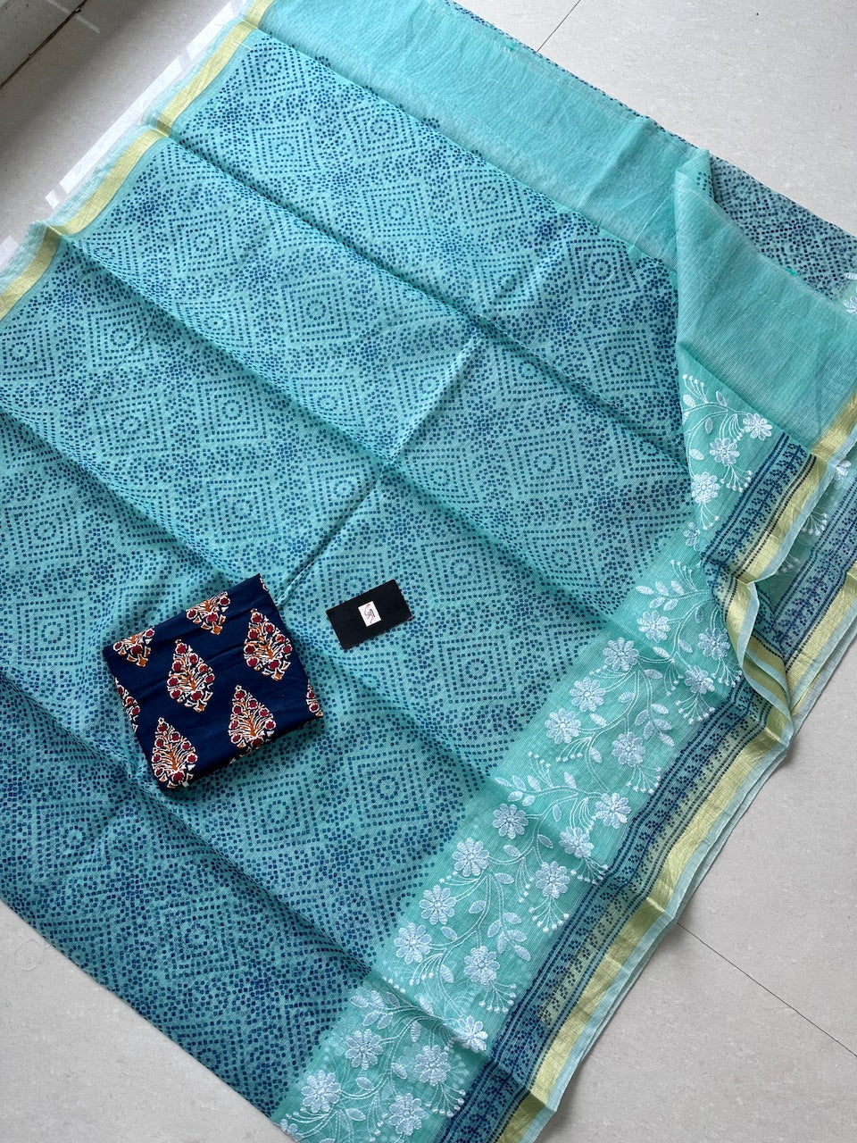 Embroidered HandBlock Printed Kota Cotton Doria Saree