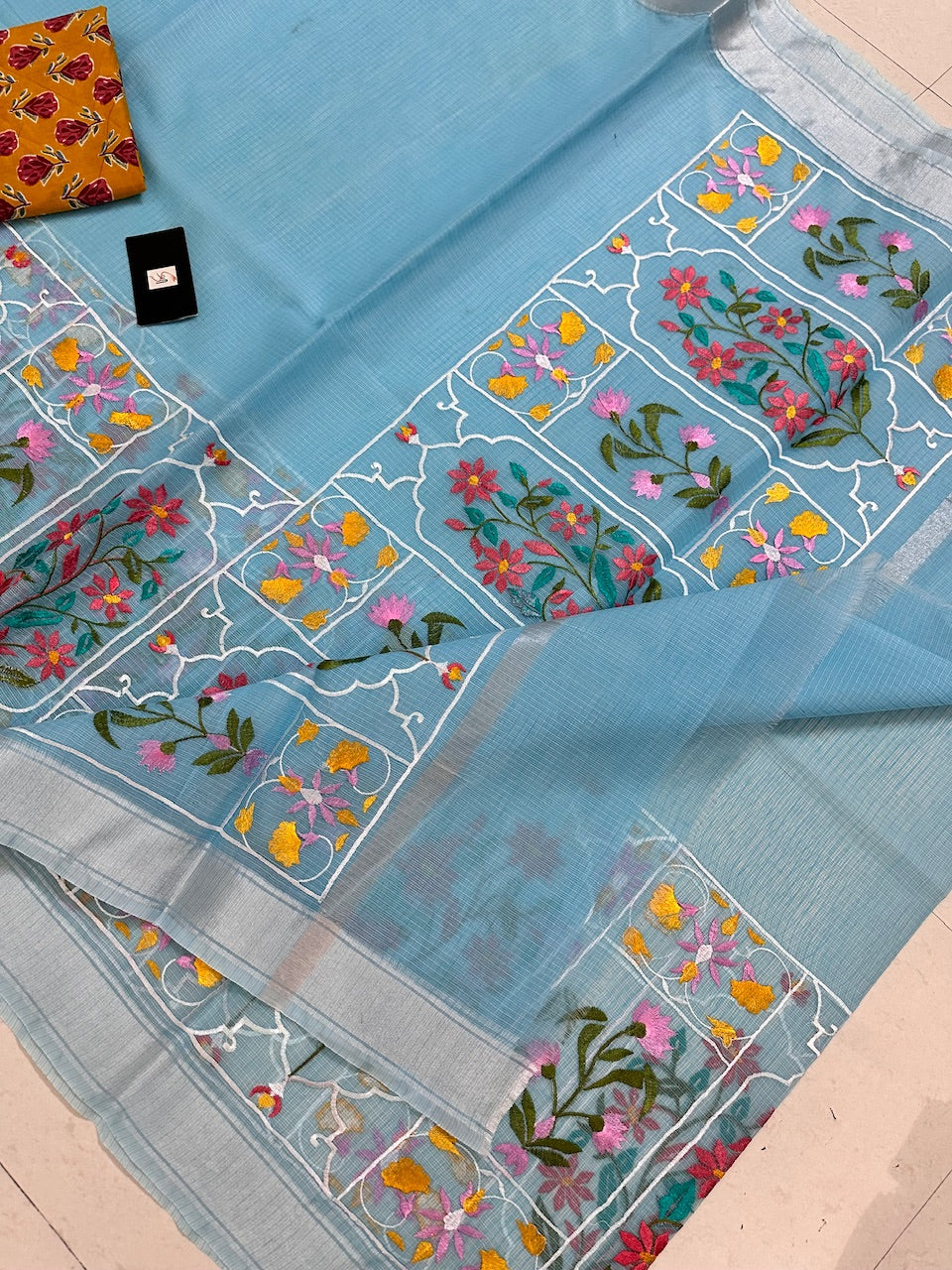 Embroidered Kota Cotton Doria Saree