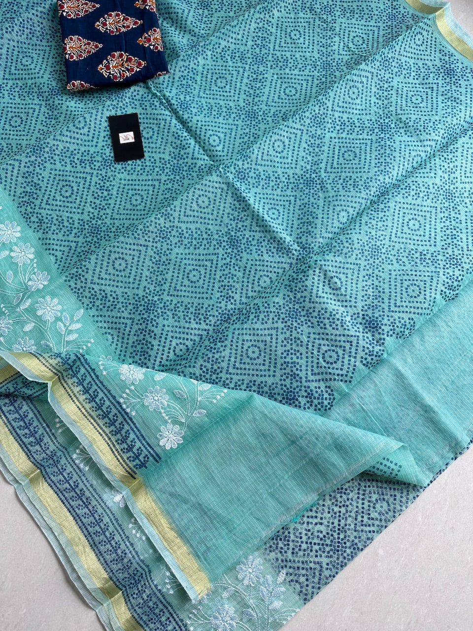 Embroidered HandBlock Printed Kota Cotton Doria Saree