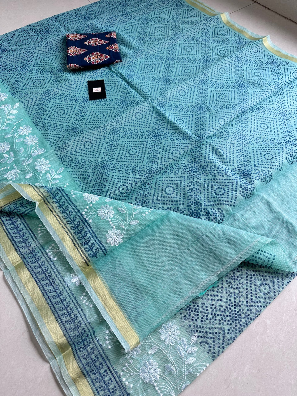 Embroidered HandBlock Printed Kota Cotton Doria Saree