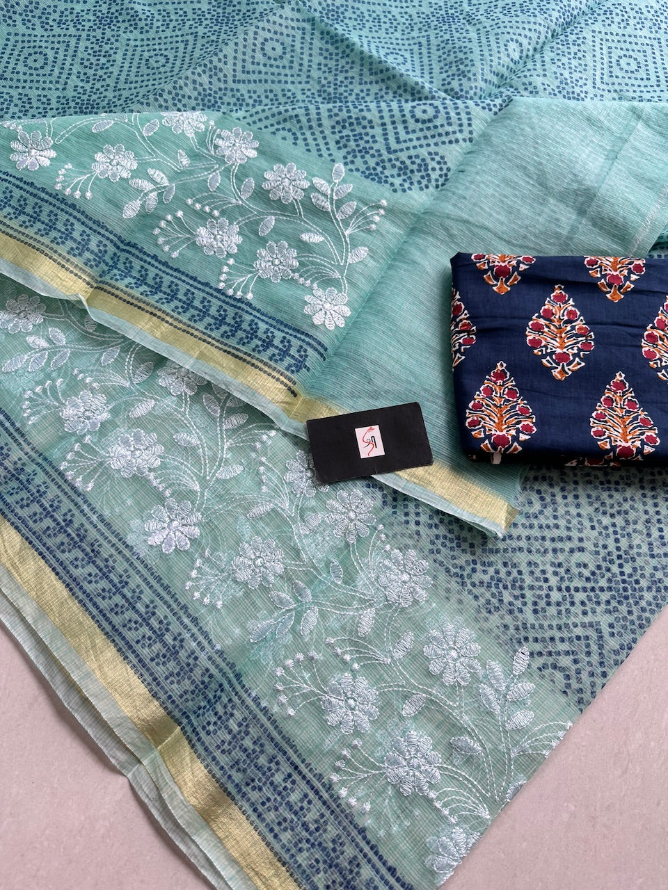 Embroidered HandBlock Printed Kota Cotton Doria Saree