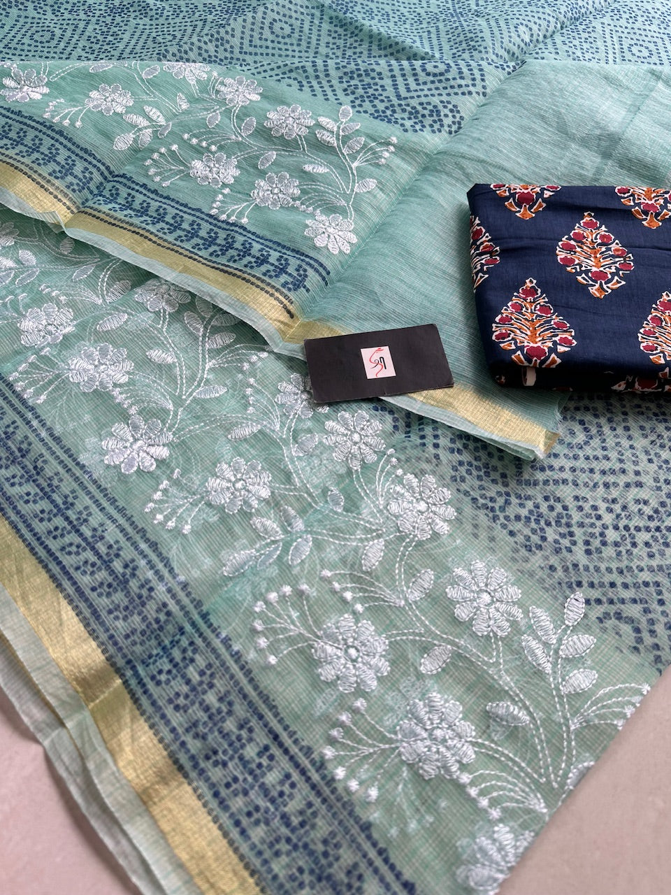 Embroidered HandBlock Printed Kota Cotton Doria Saree