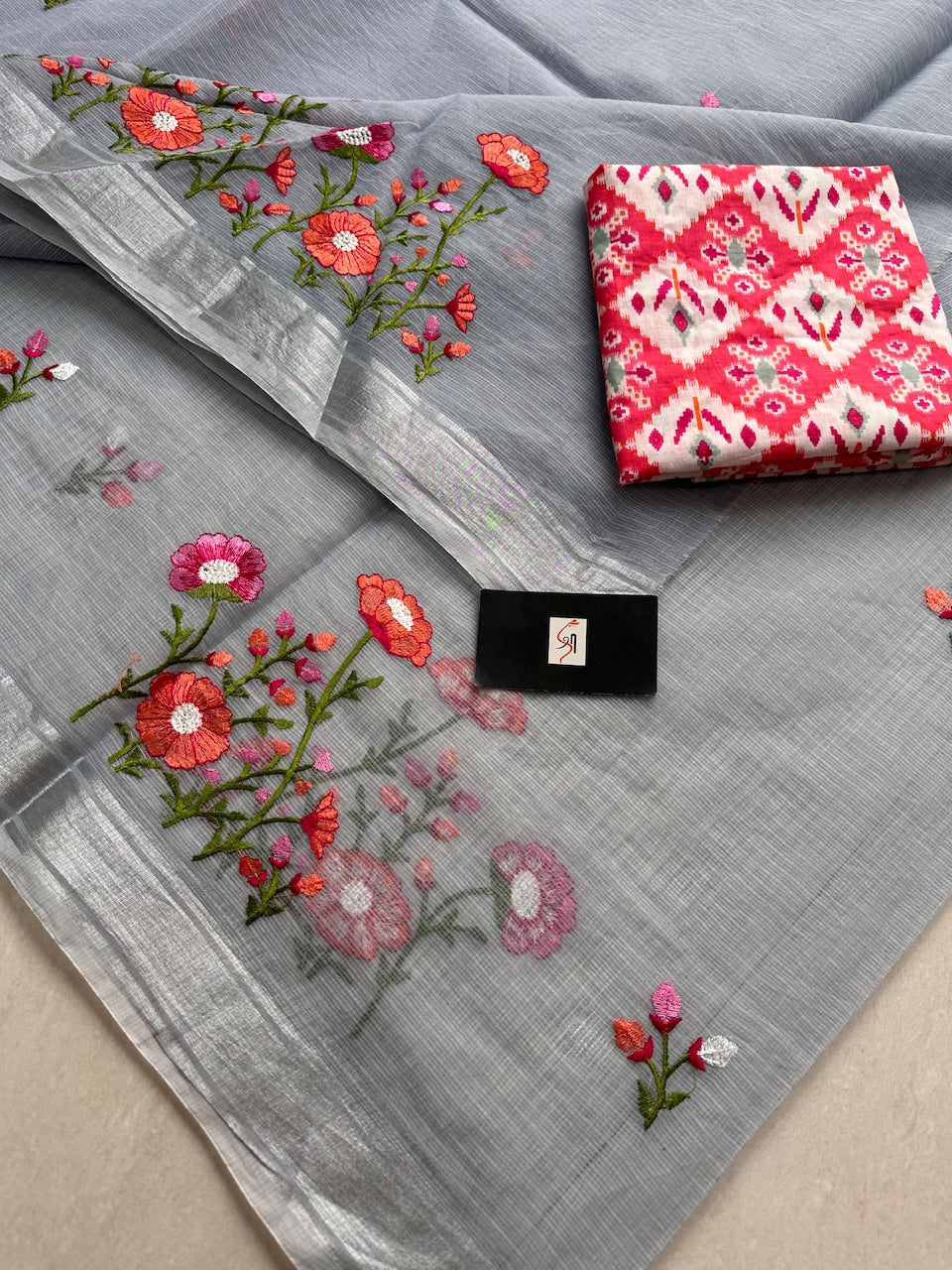 Embroidered Kota Cotton Doria Saree