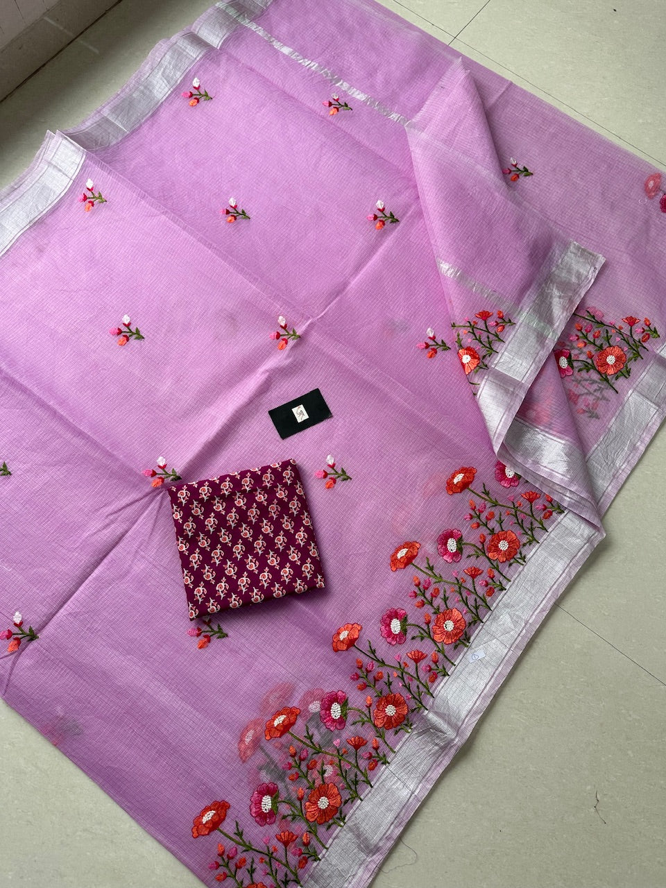 Embroidered Kota Cotton Doria Saree