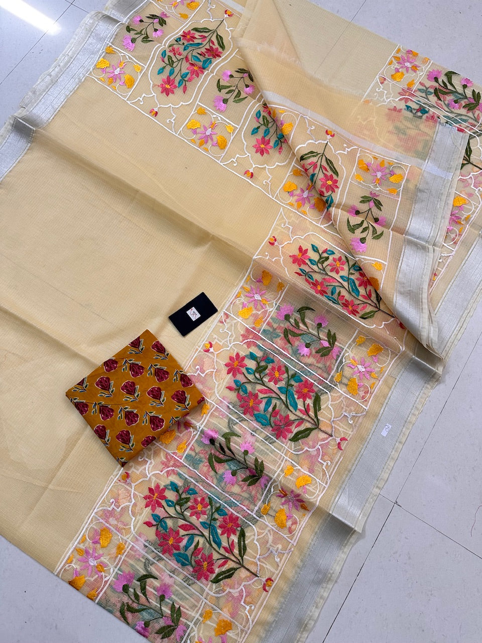 Embroidered Kota Cotton Doria Saree