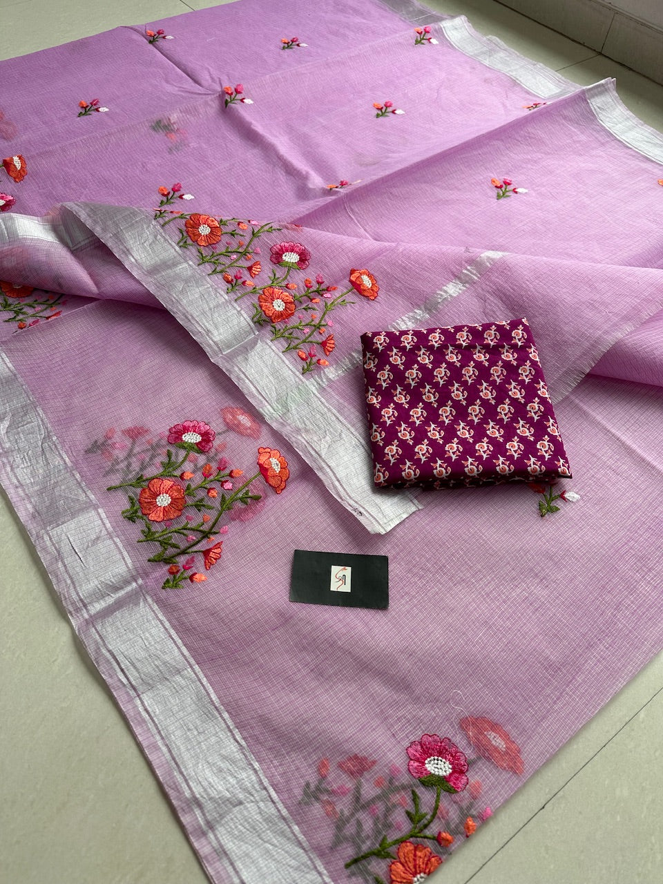 Embroidered Kota Cotton Doria Saree