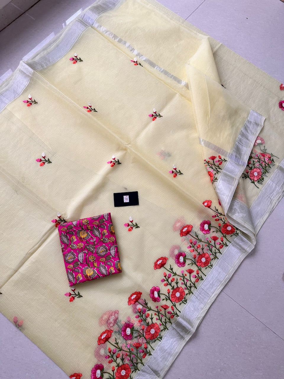 Embroidered Kota Cotton Doria Saree