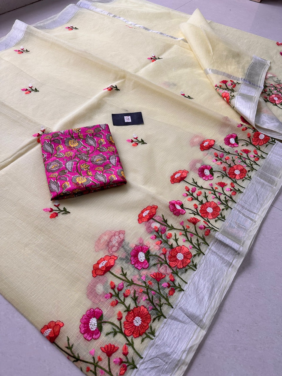 Embroidered Kota Cotton Doria Saree