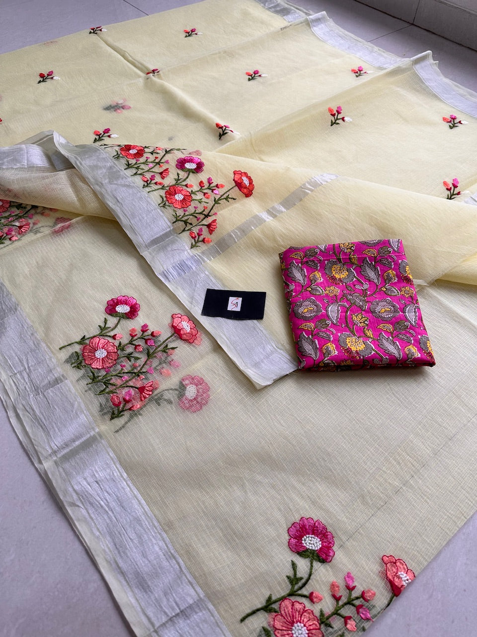 Embroidered Kota Cotton Doria Saree