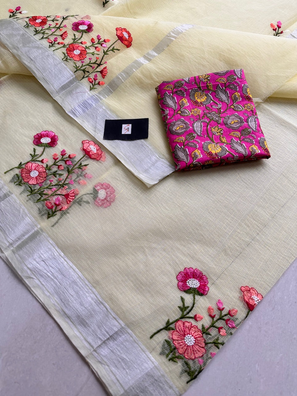 Embroidered Kota Cotton Doria Saree