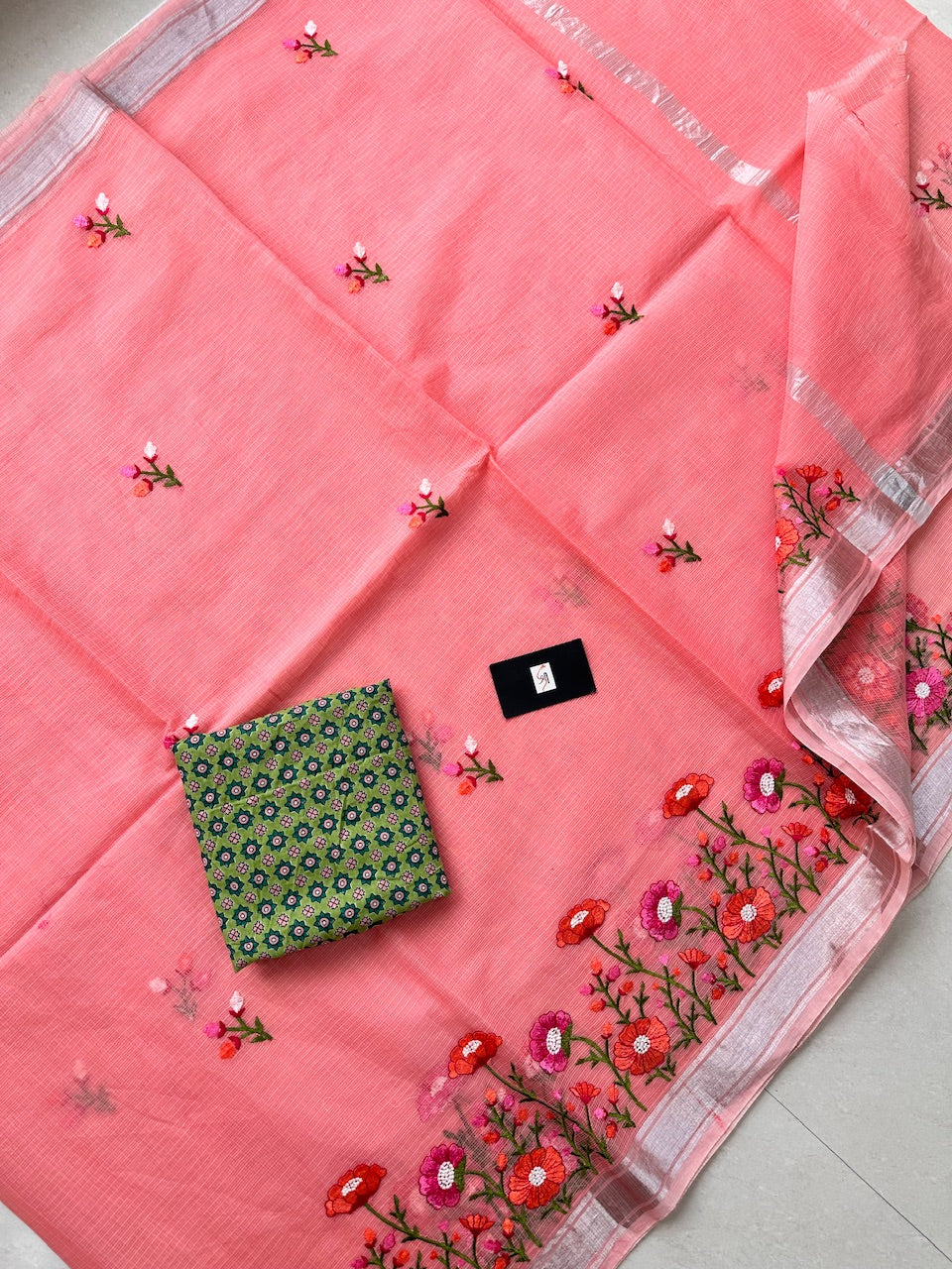 Embroidered Kota Cotton Doria Saree