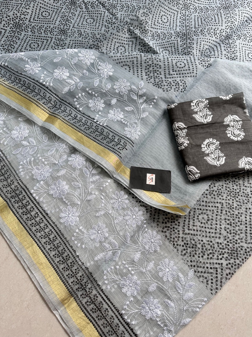 Embroidered HandBlock Printed Kota Cotton Doria Saree