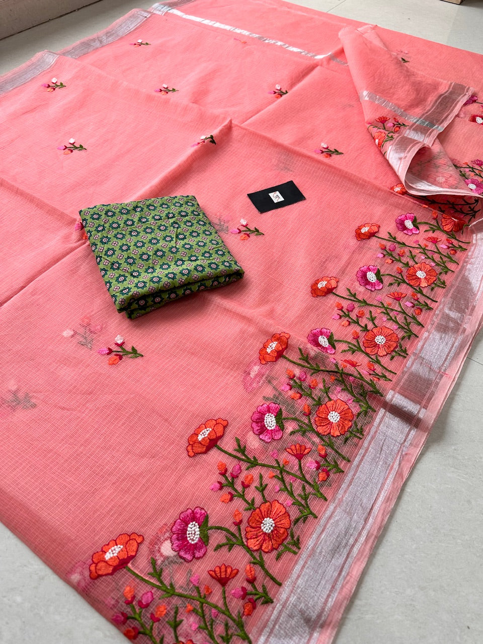 Embroidered Kota Cotton Doria Saree