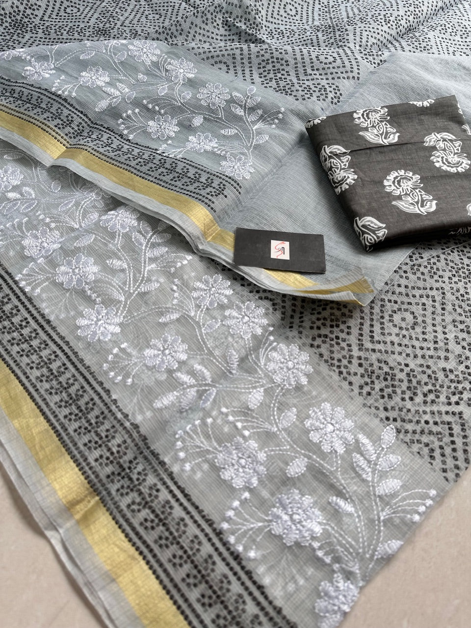 Embroidered HandBlock Printed Kota Cotton Doria Saree