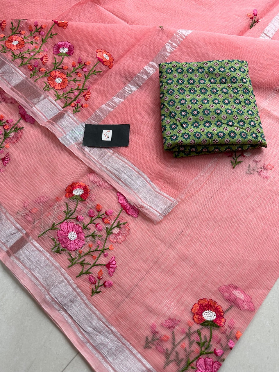 Embroidered Kota Cotton Doria Saree