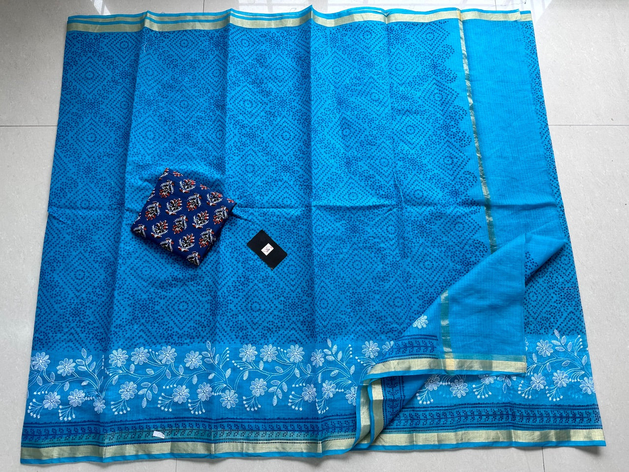 Embroidered HandBlock Printed Kota Cotton Doria Saree