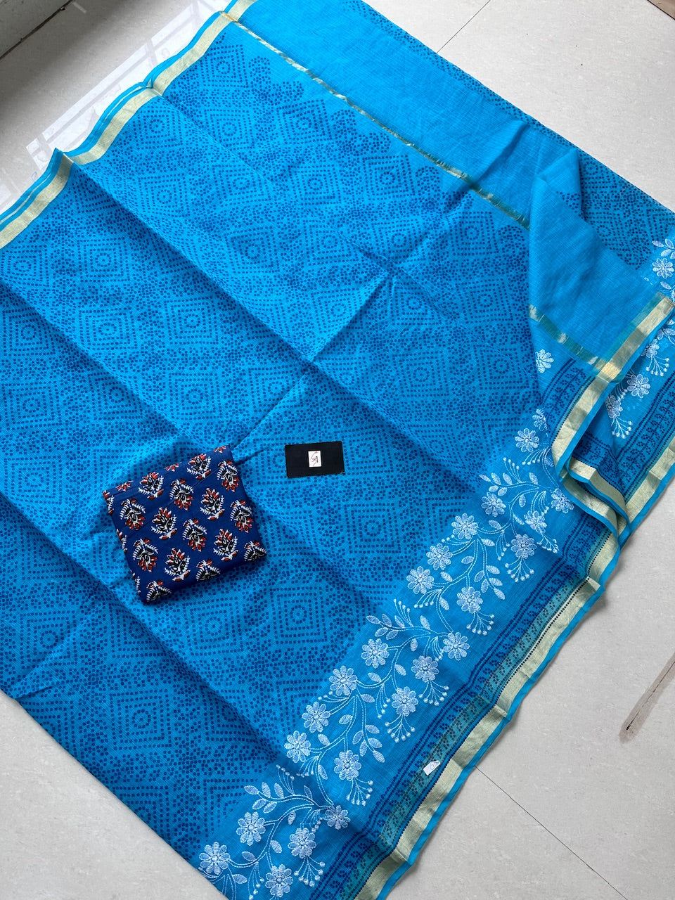 Embroidered HandBlock Printed Kota Cotton Doria Saree