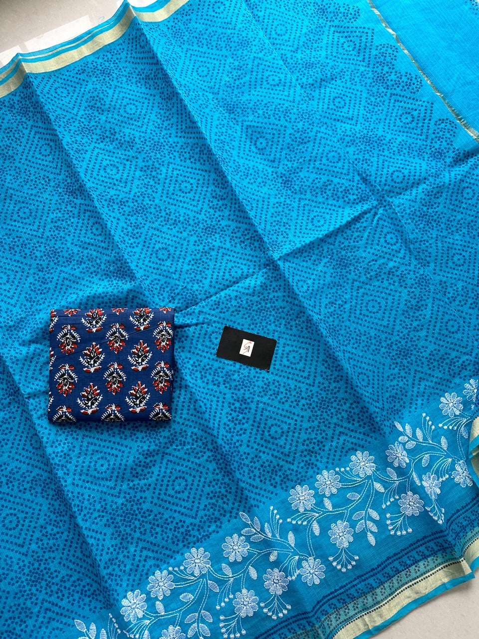 Embroidered HandBlock Printed Kota Cotton Doria Saree