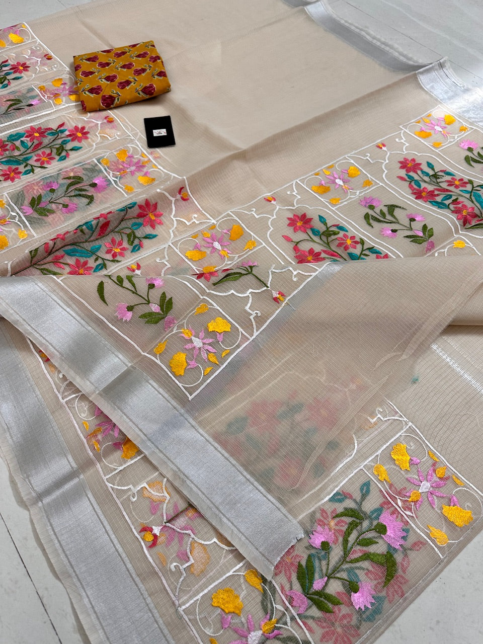 Embroidered Kota Cotton Doria Saree