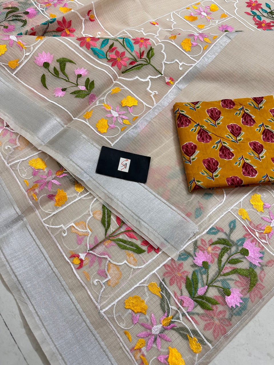 Embroidered Kota Cotton Doria Saree