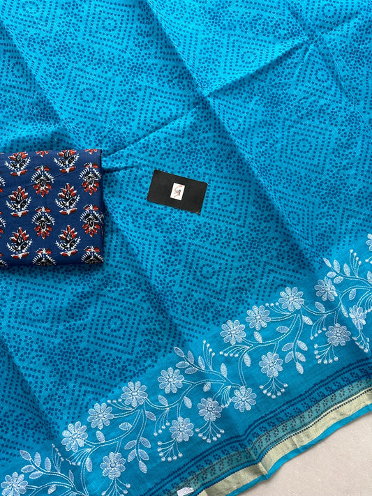 Embroidered HandBlock Printed Kota Cotton Doria Saree