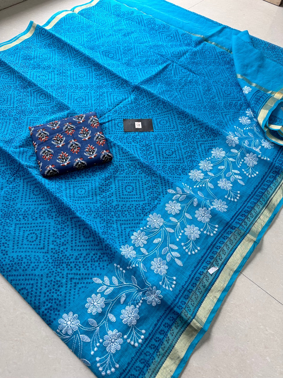 Embroidered HandBlock Printed Kota Cotton Doria Saree