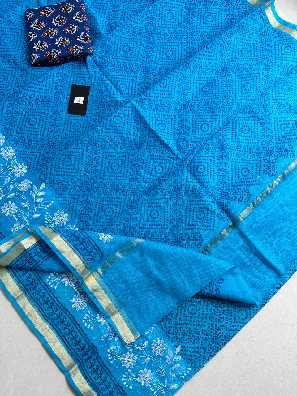 Embroidered HandBlock Printed Kota Cotton Doria Saree