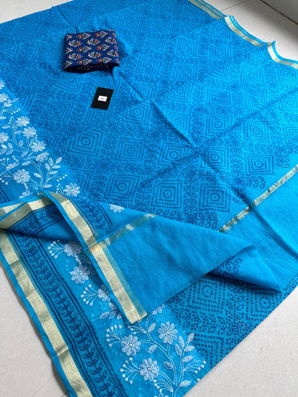 Embroidered HandBlock Printed Kota Cotton Doria Saree