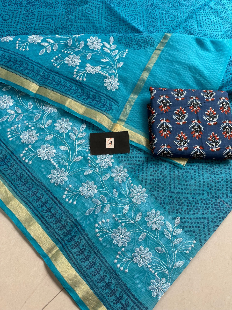 Embroidered HandBlock Printed Kota Cotton Doria Saree