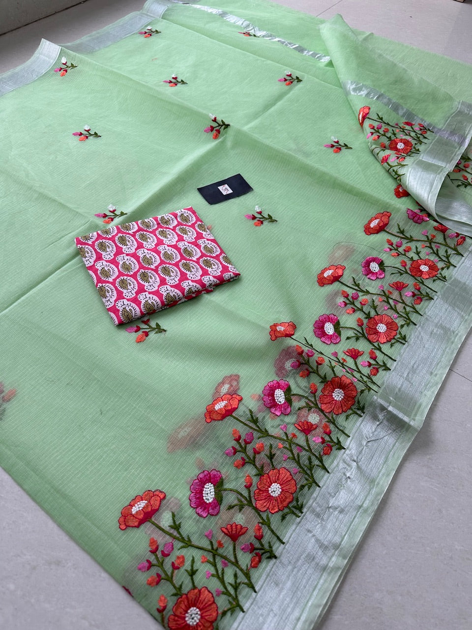 Embroidered Kota Cotton Doria Saree