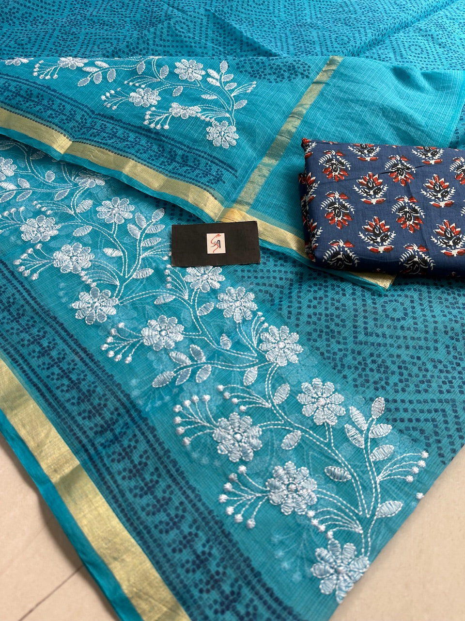 Embroidered HandBlock Printed Kota Cotton Doria Saree