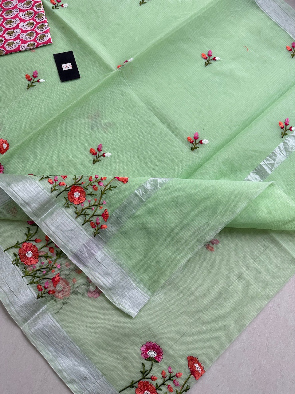 Embroidered Kota Cotton Doria Saree