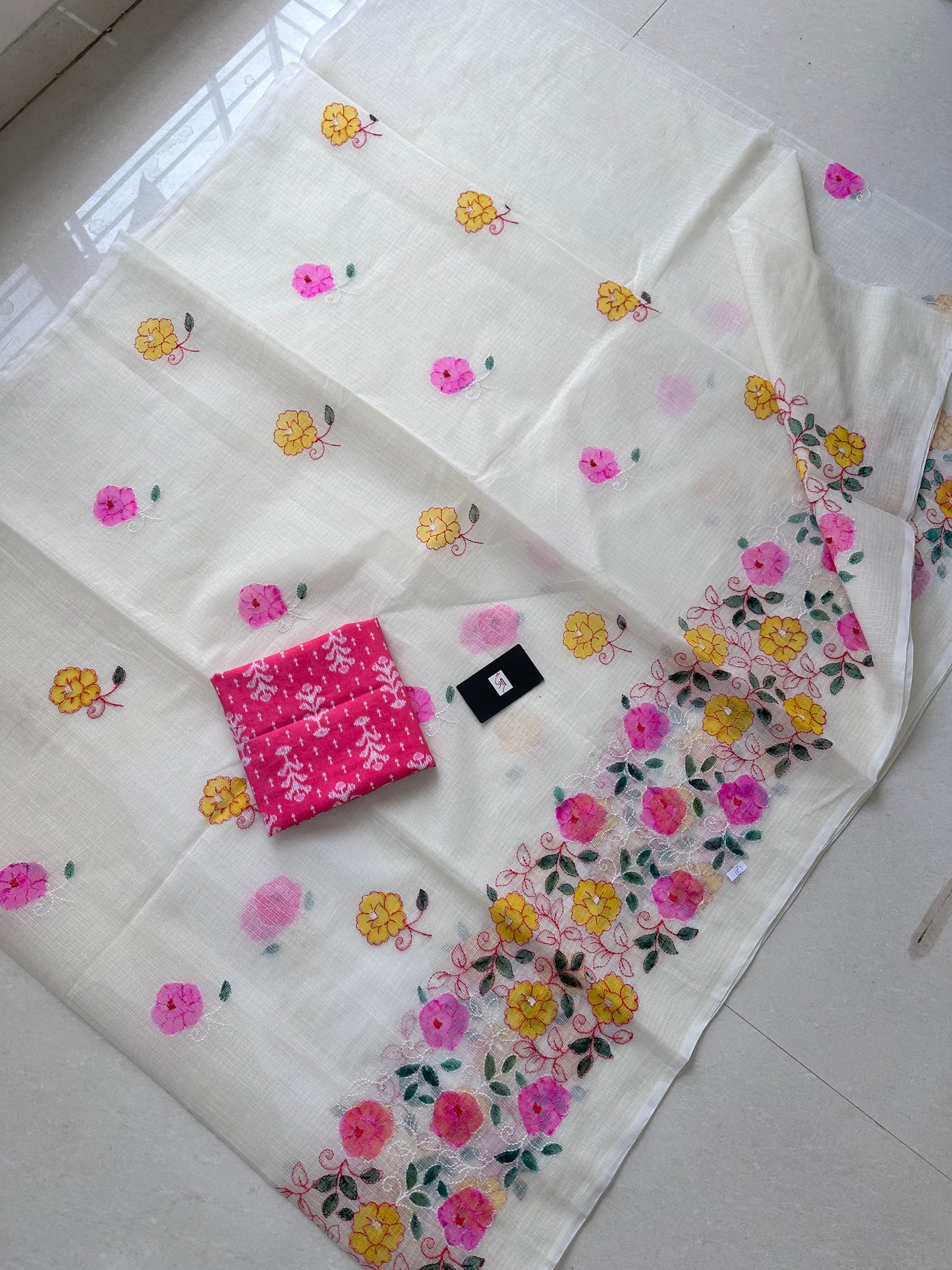 Embroidered Handpainted Kota Cotton Doria Saree