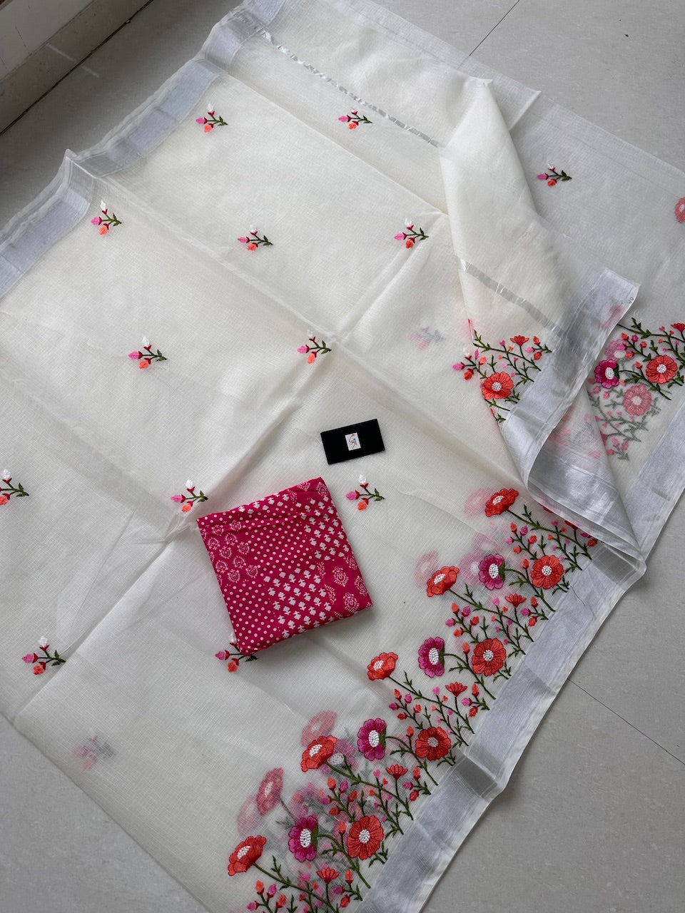 Embroidered Kota Cotton Doria Saree