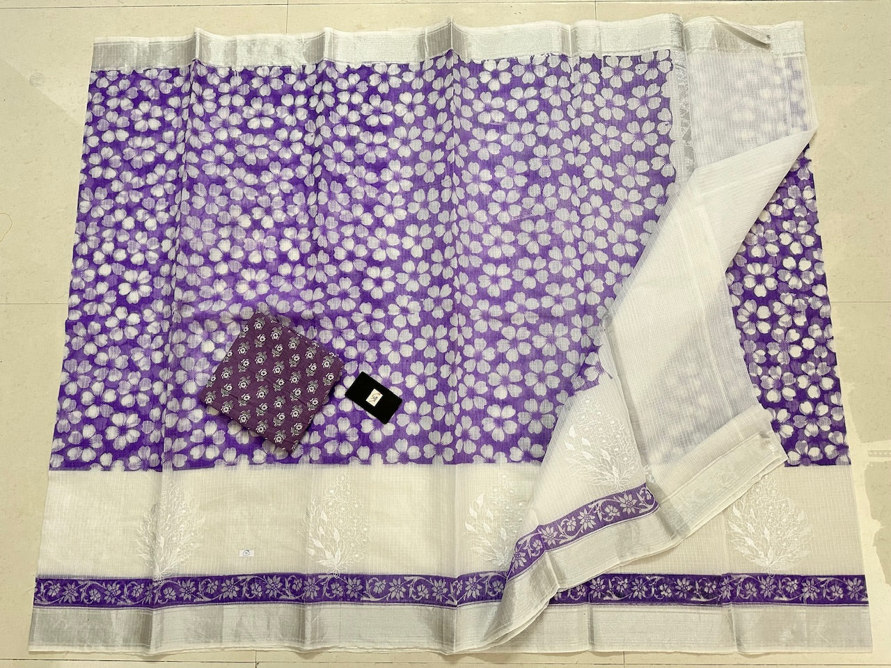 Embroidered HandBlock Printed Kota Cotton Doria Saree