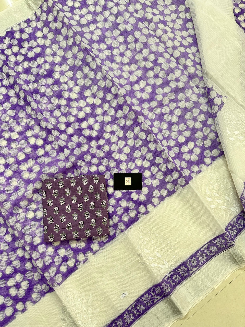 Embroidered HandBlock Printed Kota Cotton Doria Saree