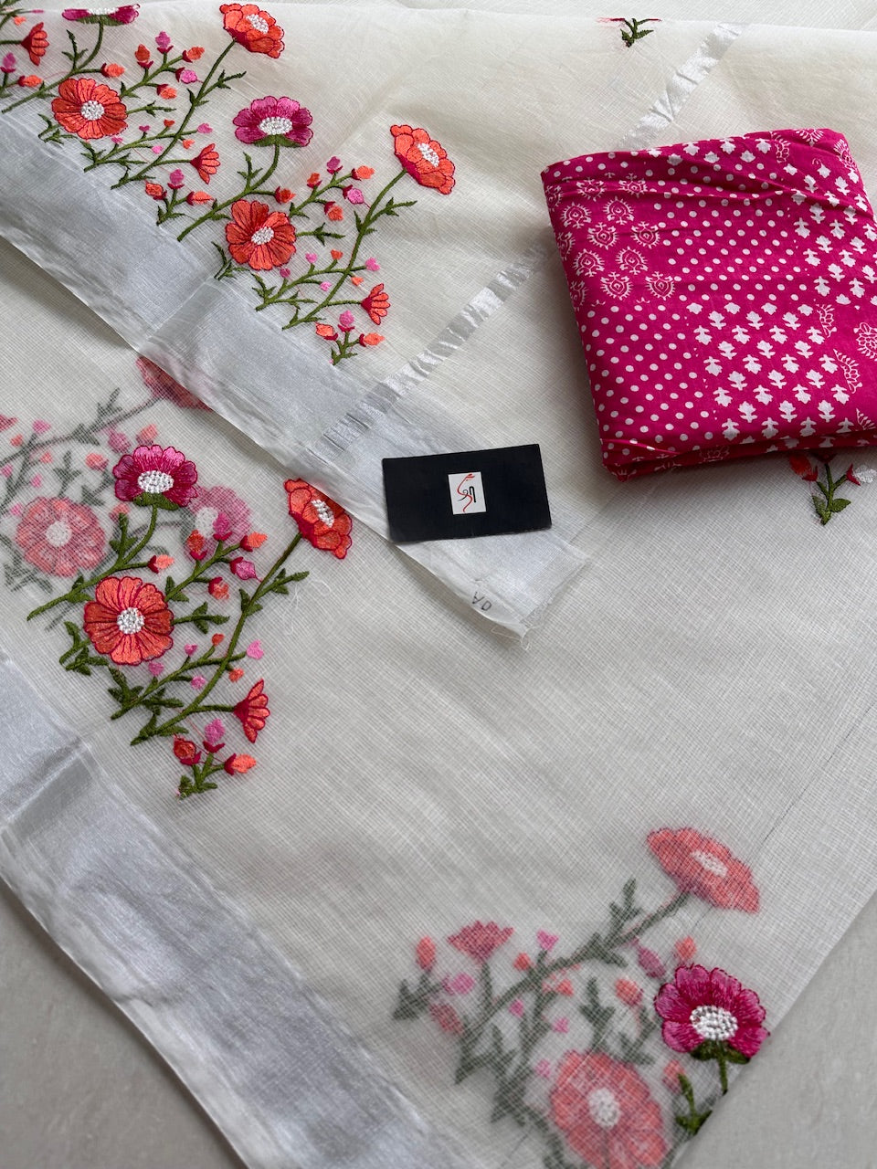 Embroidered Kota Cotton Doria Saree