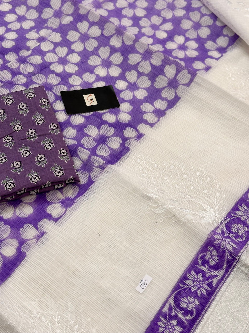 Embroidered HandBlock Printed Kota Cotton Doria Saree