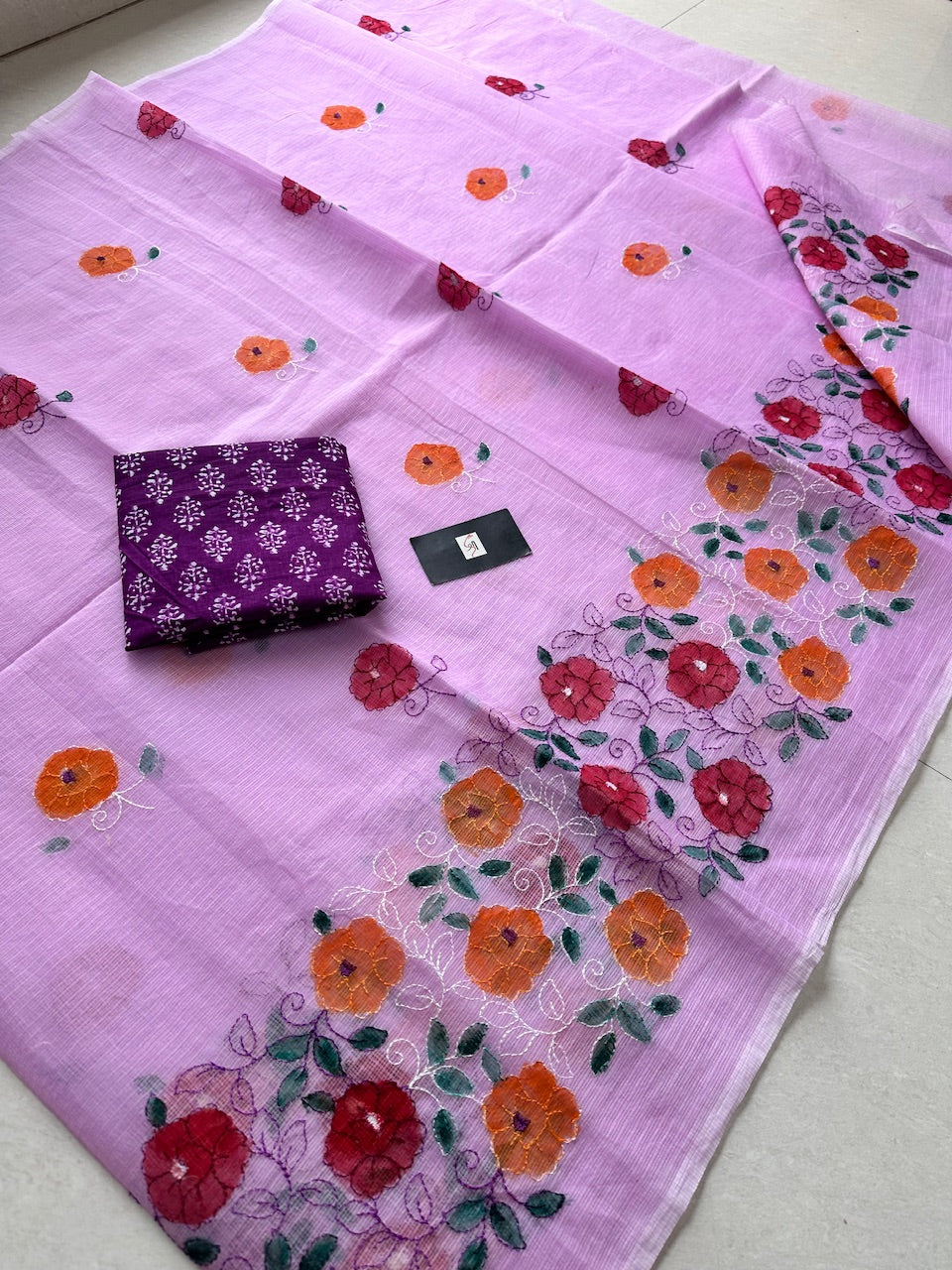 Embroidered Handpainted Kota Cotton Doria Saree