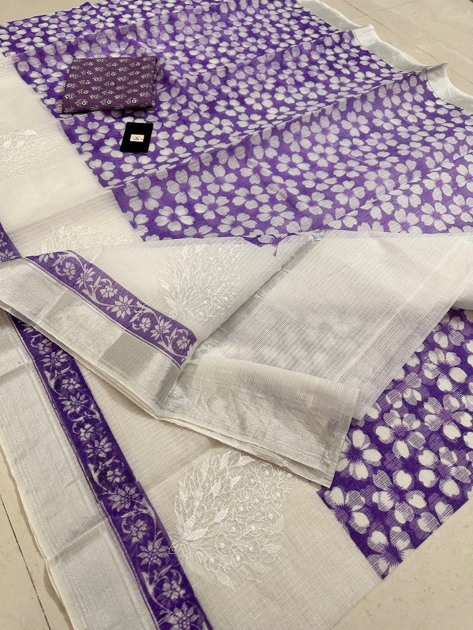 Embroidered HandBlock Printed Kota Cotton Doria Saree