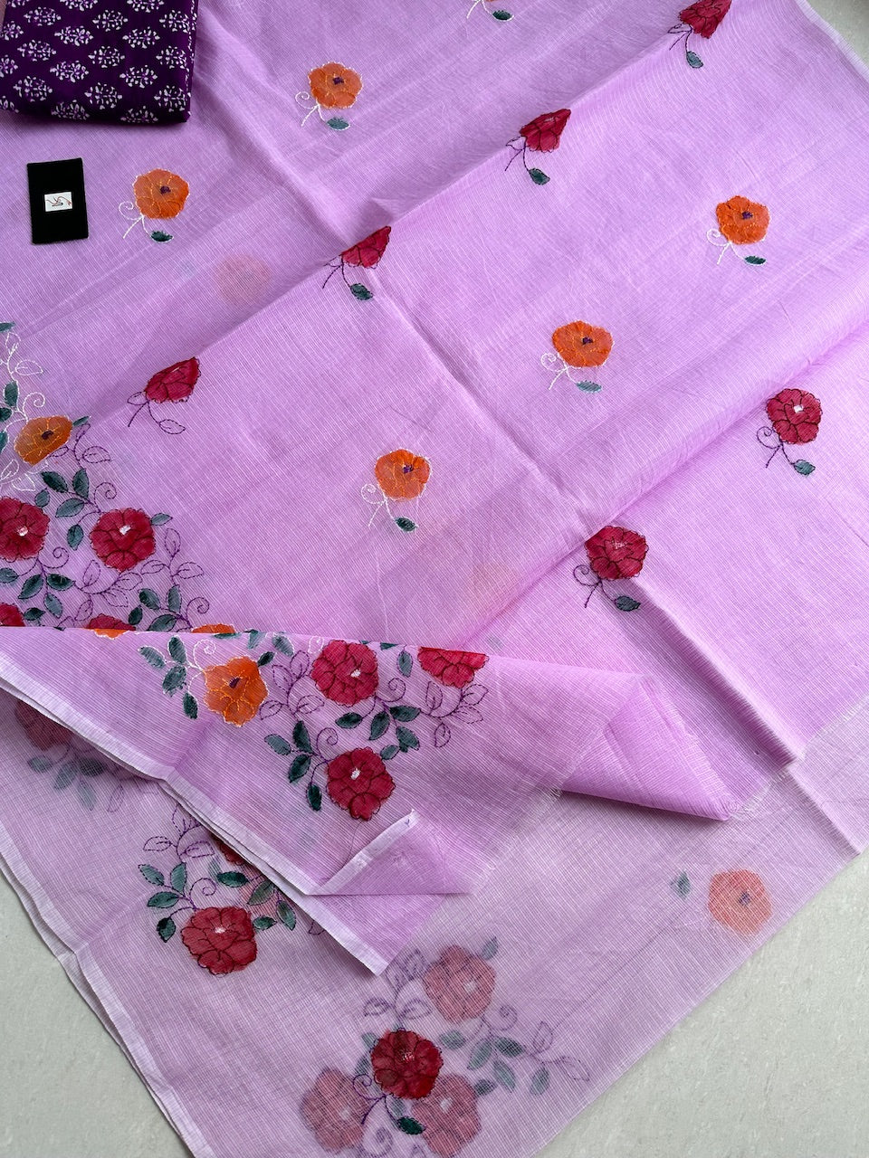 Embroidered Handpainted Kota Cotton Doria Saree