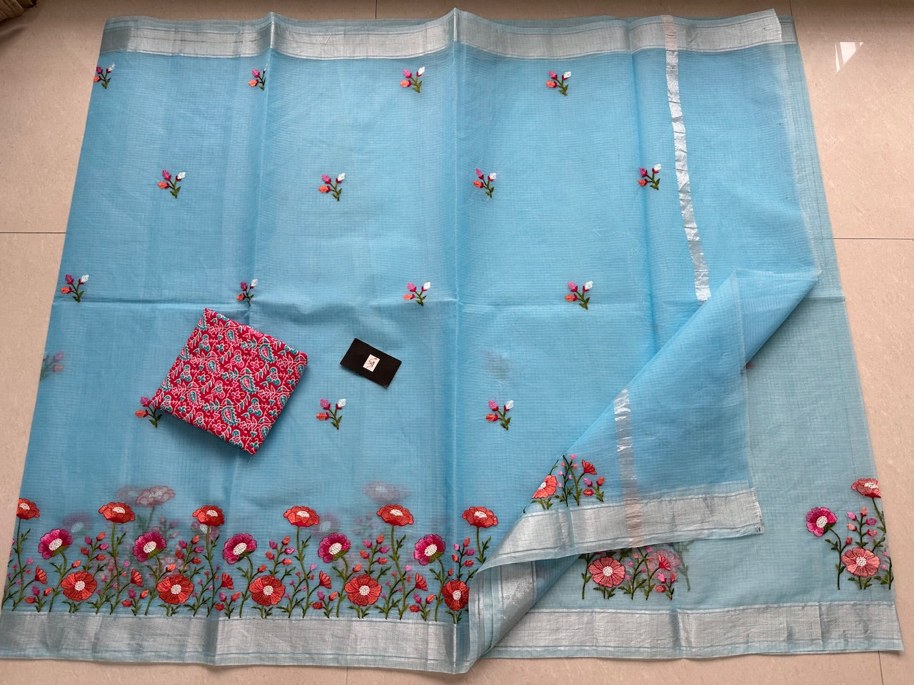 Embroidered Kota Cotton Doria Saree