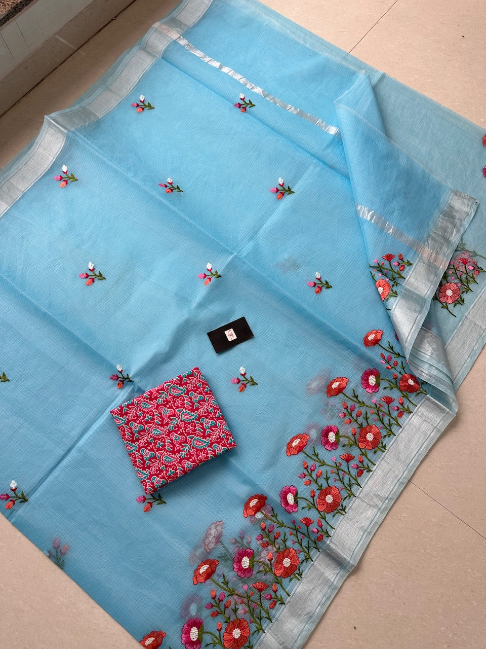 Embroidered Kota Cotton Doria Saree