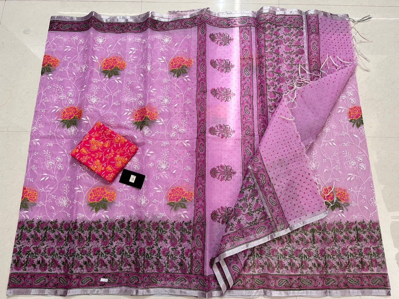 Embroidered HandBlock Printed Kota Cotton Doria Saree