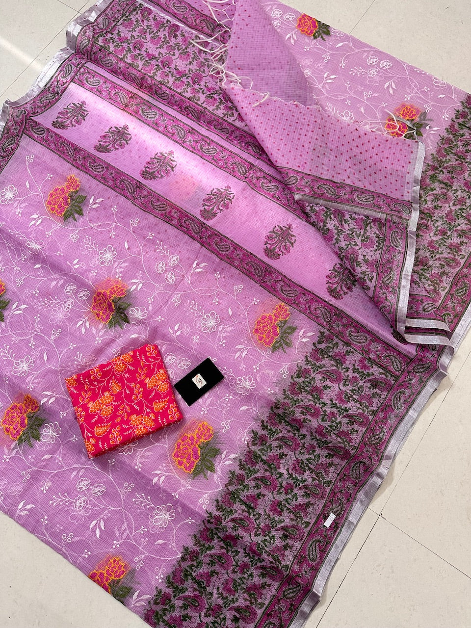 Embroidered HandBlock Printed Kota Cotton Doria Saree