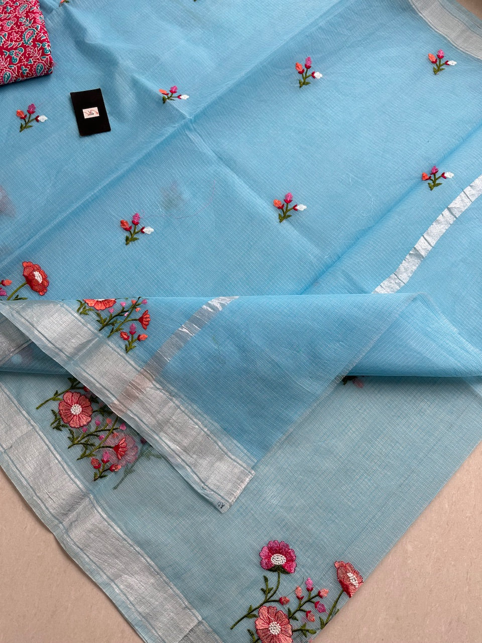 Embroidered Kota Cotton Doria Saree