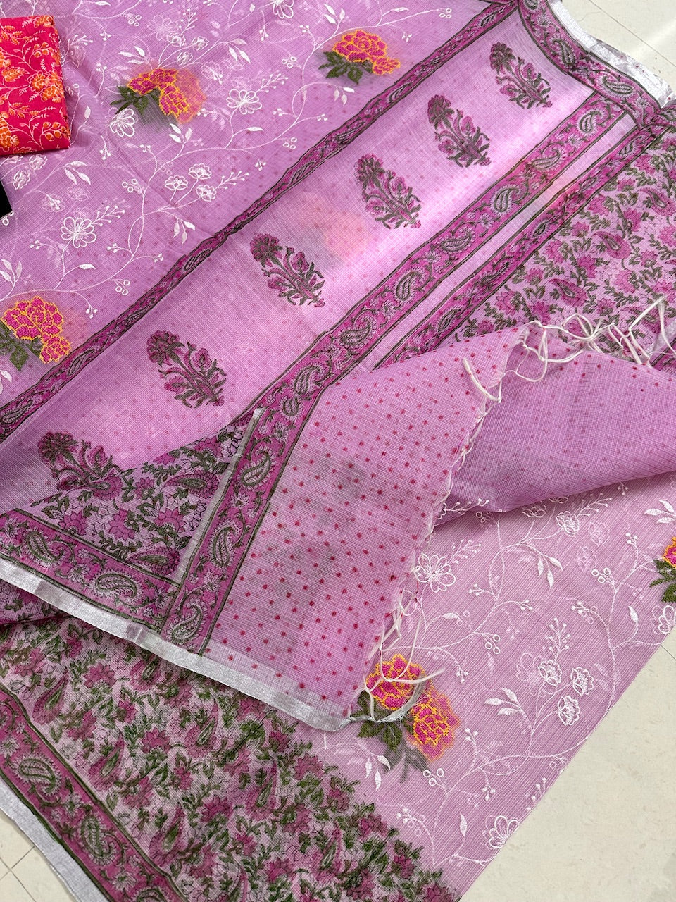 Embroidered HandBlock Printed Kota Cotton Doria Saree