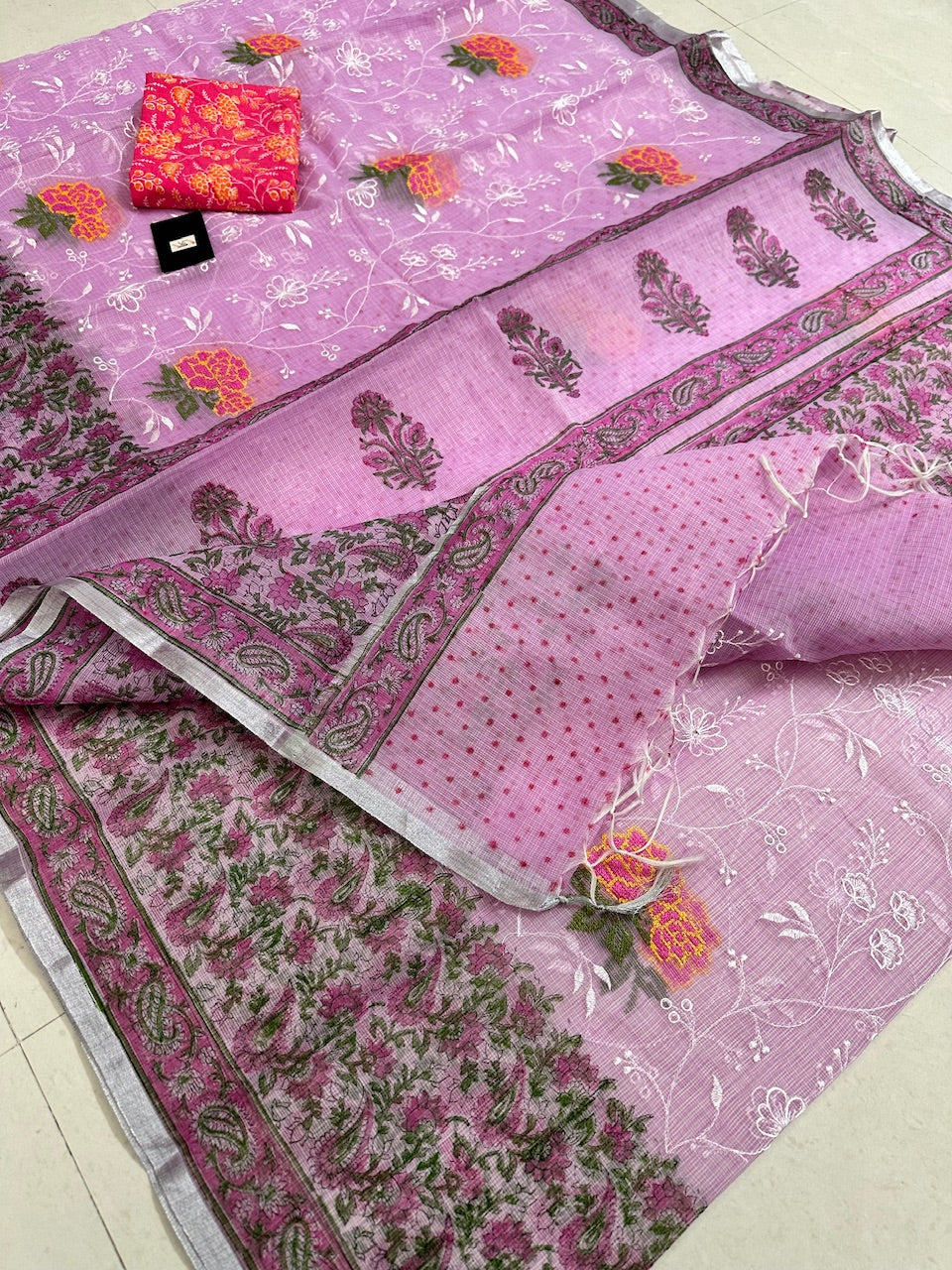 Embroidered HandBlock Printed Kota Cotton Doria Saree